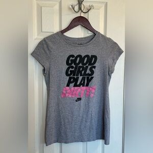 Nike Gray and Pink Graphic “Good Girls Play Dirty”Tee Size Medium